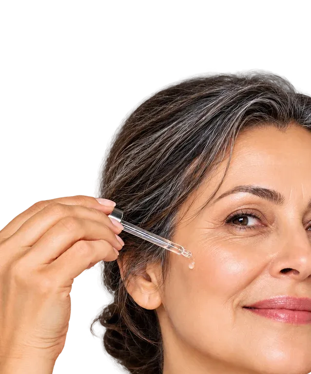 Woman applying serum to her cheek
