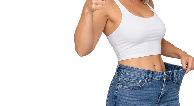 Woman showing off her slimmer waistline