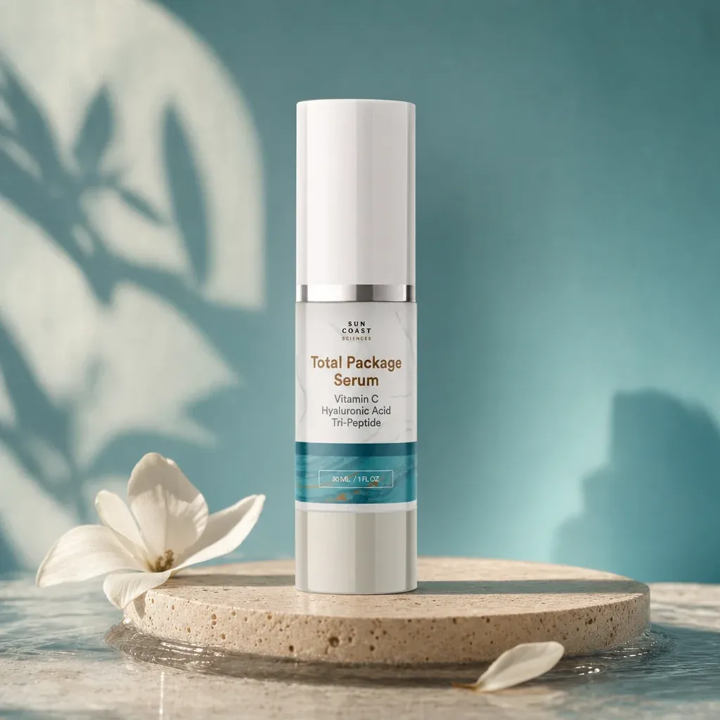The Total Package Serum on a stone pedestal against a soft teal backdrop