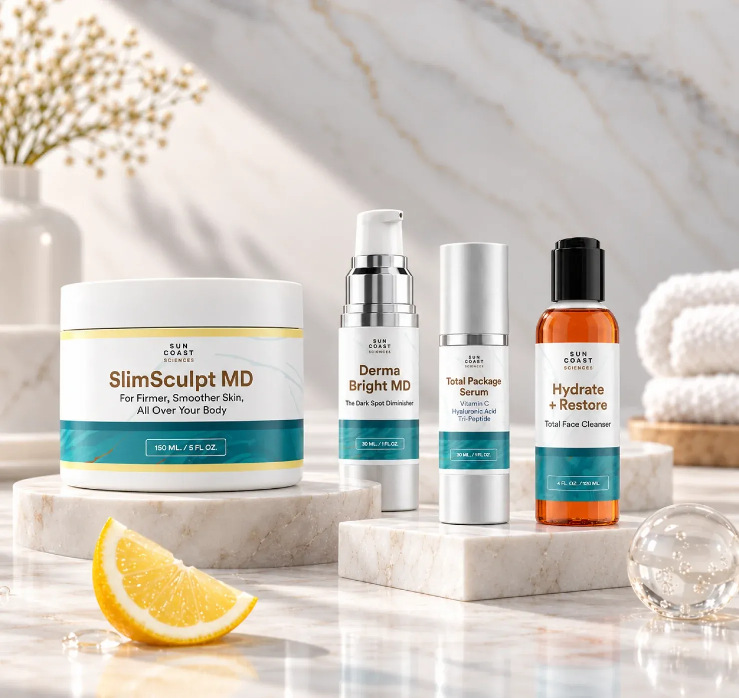 The Sun Coast Sciences skincare lineup on a marble counter