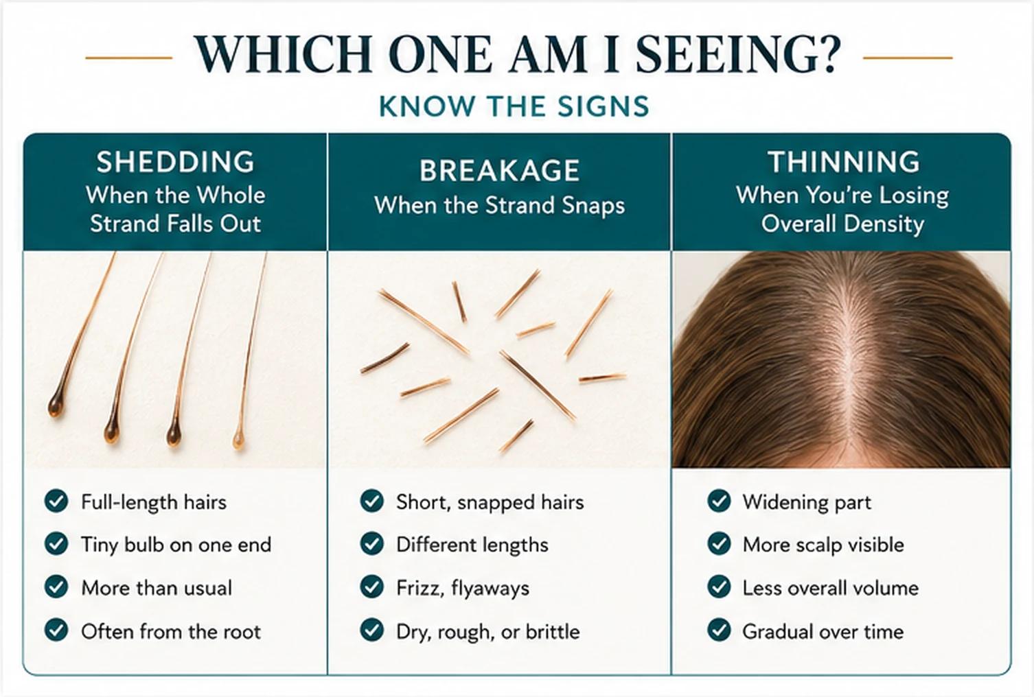 Comparison chart titled Which one am I seeing? Know the signs. Shedding shows full-length hairs with a tiny bulb on one end. Breakage shows short snapped hairs of different lengths with frizz. Thinning shows a widening part, more visible scalp, and less overall volume.