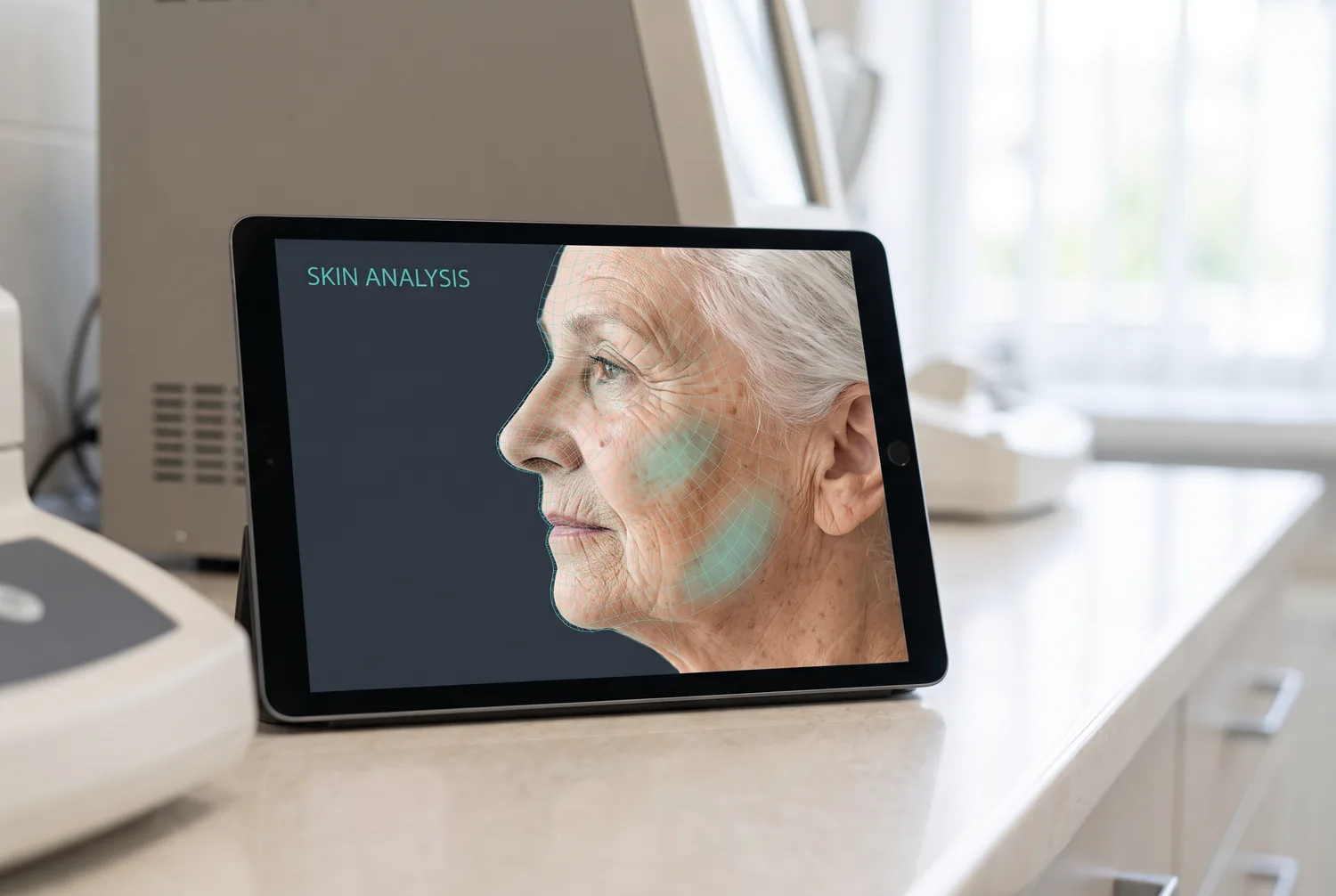 A digital skin-analysis readout on a tablet showing a measured skin age well below the subject's chronological age.