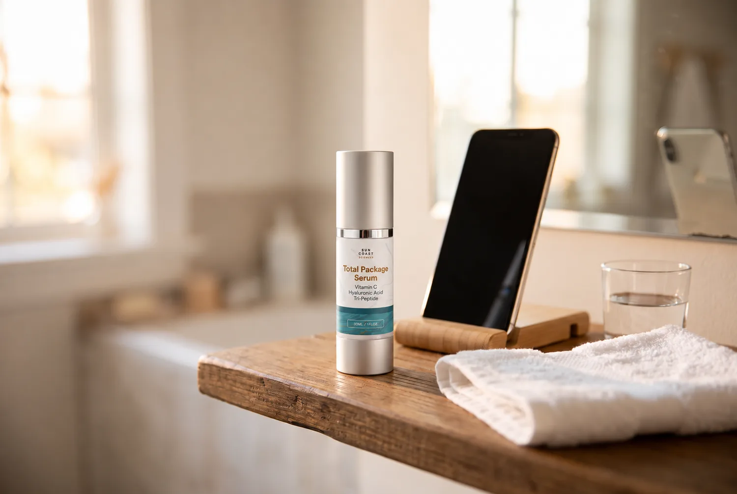 A bottle of Total Package Serum on a bathroom shelf beside a phone propped up to take a daily before-and-after photo.