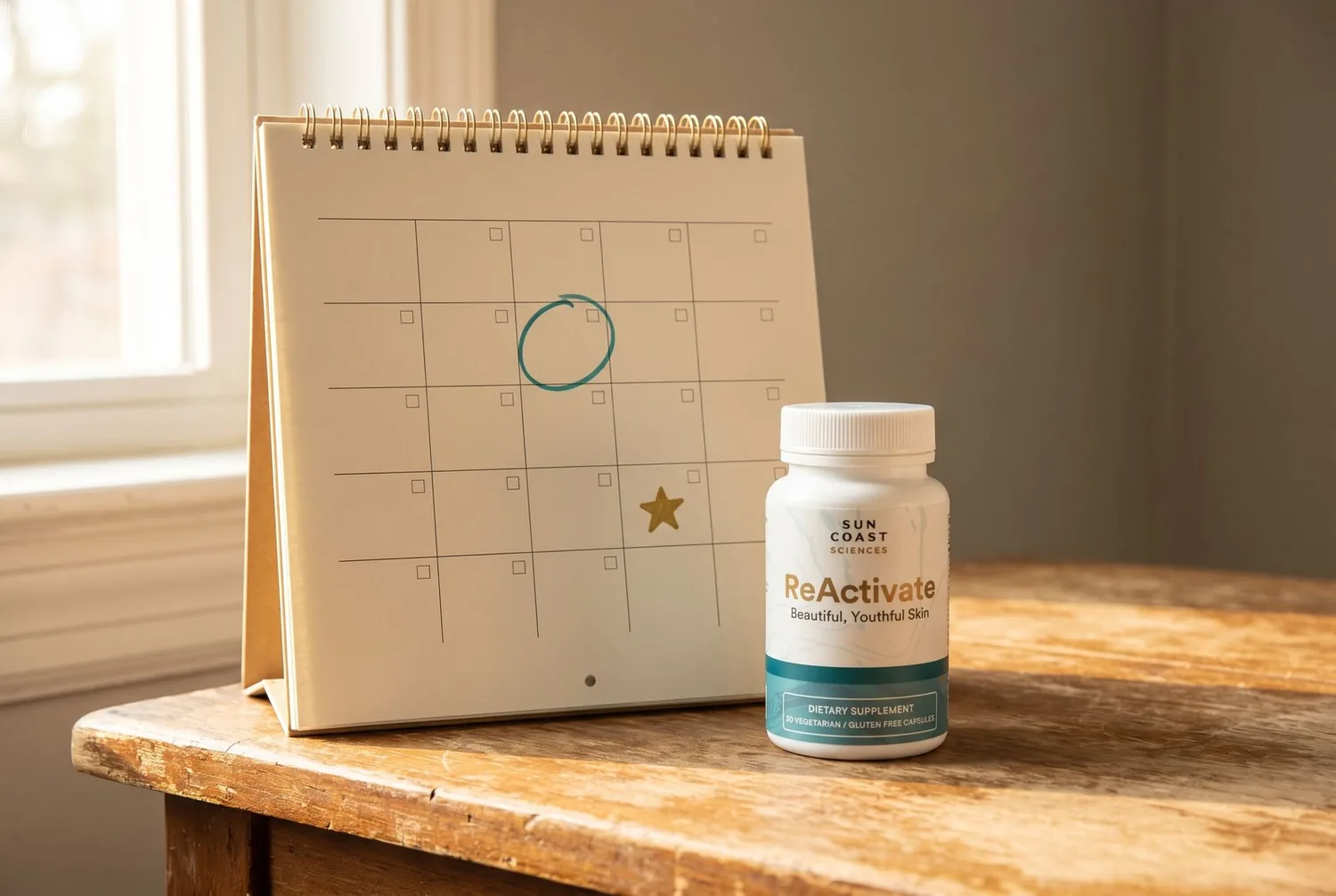 A calendar page with month three circled and month six marked with a star, beside a bottle of ReActivate capsules.